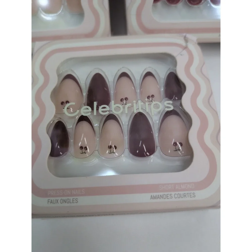 NIB LOT 3 SHORT ALMOND🥰Celebritips Press On Nails Set Burgundy Raspberry Cherry